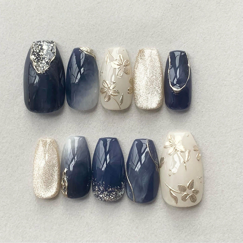 Blue flora glossy reusable press-on nails by Nailed It
